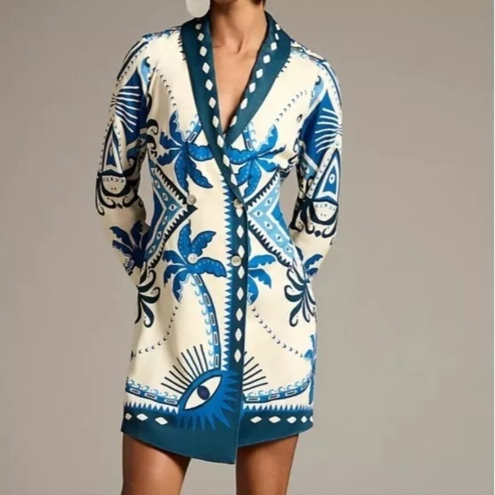 Farm Rio Long Sleeve Double Breasted Blazer Dress Self Tie Belt Tribal Tropical